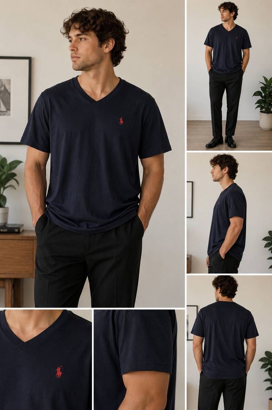 Polo Ralph Lauren Men XL Navy Blue V Neck T Shirt Red Pony 100% Cotton